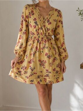 Daniel Rainn Floral Mock Wrap Mini Dress Mustard Yellow Petite Medium